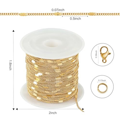 Kyutong 32.8 Feet Stainless Steel Jewelry Making Chains with Accessories | Gold Plated Chain for Jewelry Making Thin Flat Curb Chain Roll for Women DIY Jewelry Crafts - color: Flat Curb Gold