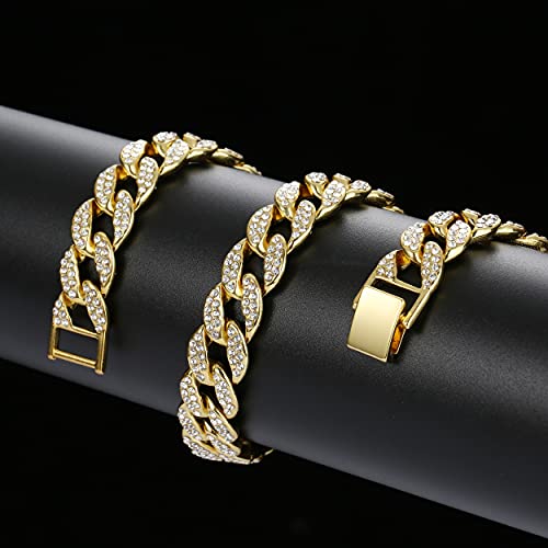Saintda Iced Out Cuban Link Chain Necklace Bracelet Set for Men | 14mm Cuban Link Necklace Bracelet Jewelry Set Diamond Iced Out Mens Bling Thick Necklaces Chains - color: Gold-W:15MM-THK:3MM, size: 18inch