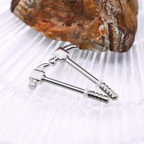 14G Wrench Barbell Nipple Ring 316L Anchor and Rudder Nipple Barbell Screw Nipple Rings Body Piercing Jewelry for Women Men - color: Silver hammer