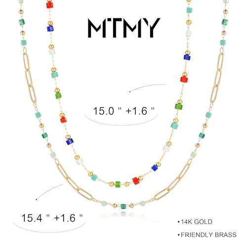MTMY Beaded Necklaces for Women 14K Gold Plated Dainty Colorful Green/Rose Beaded Pearl Choker Necklace Delicate Boho Choker Necklace Jewelry Gift - style: Layer-mix color