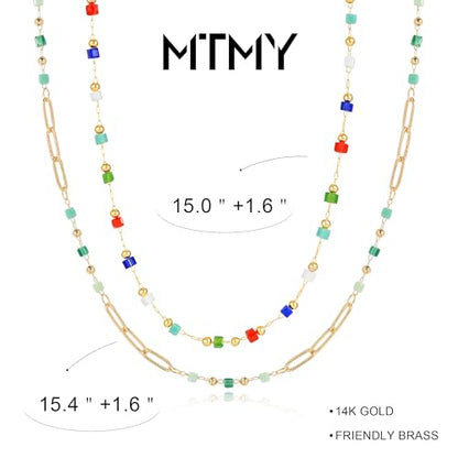 MTMY Beaded Necklaces for Women 14K Gold Plated Dainty Colorful Green/Rose Beaded Pearl Choker Necklace Delicate Boho Choker Necklace Jewelry Gift - style: Layer-mix color