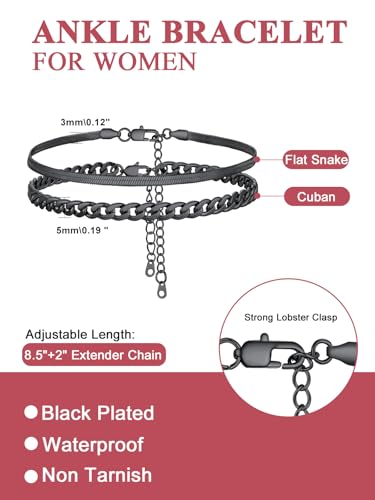 FOCALOOK Anklet Bracelets Set for Women, 14K Gold Plated Layered Anklet Set | Adjustable for Large Ankle, Cuban/Snake/Figaro/Paperclip Chain, Waterproof & Non Tarnish for Everyday Wear, Beach & Summer - color: A:2Pcs-Anklet Set-Black