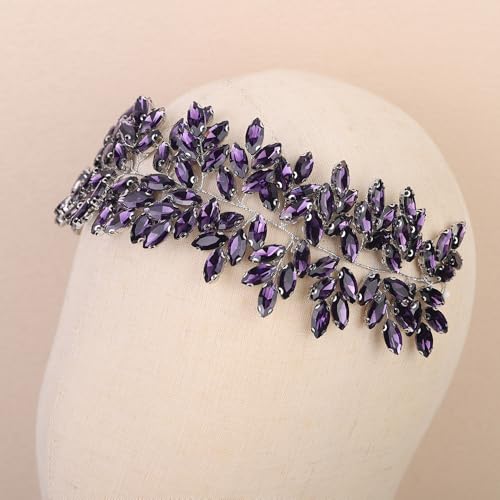 Missgrace Women Silver Green Black Red Blue Handmade Full Crystal Rhinestone Large Headband Hair Vine Shinny Headpiece Bridal Wedding Hair Accessories for Women (Purple) - color: Purple