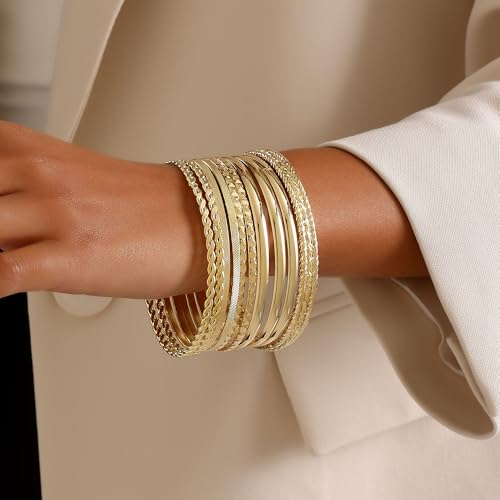 Gold Bangles for Women, 12 Pcs Boho Stackable Bracelets Multi Layer Textured Chunky Bracelets Jewelry Set for Women - color: Style A- 12 pcs gold