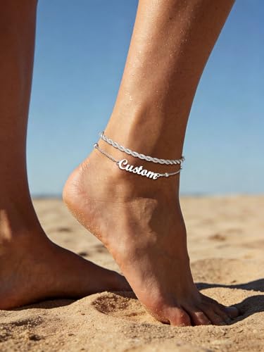 Custom4U Custom Name Anklet Bracelets for Women Waterproof Beaded/Figaro/Cuban/Rope/Wheat Chain Anklet Stackable Gold Plated Non Tarnish Custom Beach Gift Barefoot Summer Jewelry for Her - color: E02-Silver Rope Chain