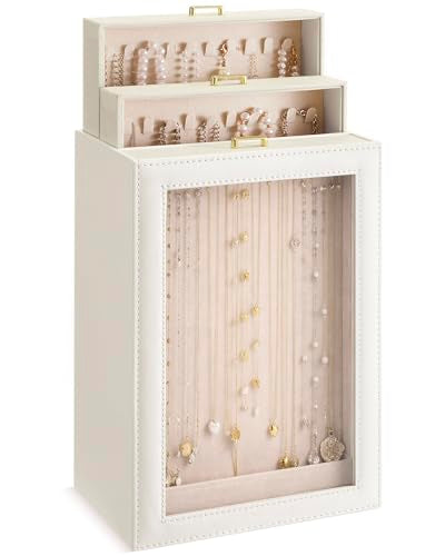 Huquary 3 Layer Vertical Necklace Holder Organizer Box 12.6" x 7.9" x 5", 30 Hook PU Necklace Storage Box with Clear Lid Necklaces Display Case for Jewelry Organizer Storage Women Gift(Beige) - color: Beige