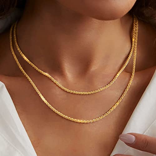 Herringbone Choker Necklace Set Double Layer Snake Chain Herringbone Chain Necklace Layering Necklace Set Cuban Chain Necklace for Women - style: 2Layered Shiny Rope Chain-GD