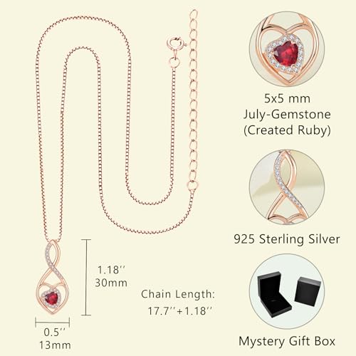 Infinity Heart Rose Gold Jewelry Set for Women 925 Sterling Silver Ruby Necklace and Earrings Set July Birthstone Jewelry Gifts