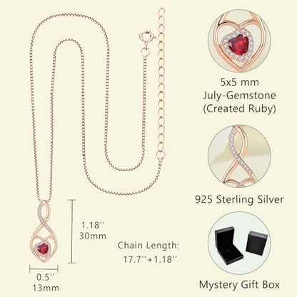 Infinity Heart Rose Gold Jewelry Set for Women 925 Sterling Silver Ruby Necklace and Earrings Set July Birthstone Jewelry Gifts