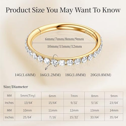 2Pcs Nose Ring Hoop Set: 14G 16G 18G 20G 316L Surgical Steel Septum Rings Hypoallergenic Body Jewelry 6/7/8/9/10/12MM Cartilage Earrings for Women Men - color: Gold-2pcs cz rings