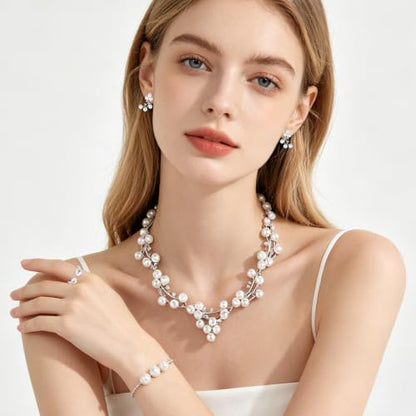 NEWITIN 15 Pieces Pearl Jewelry Set for Women Wedding Costume Accessories | Hypoallergenic, Cubic Zirconia, CZ Necklaces Earrings Bracelets Rings, Silver Jewelry for Wedding Bride Bridesmaid Party Prom - color: Silver Pearl A