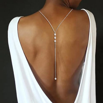 Rhinestone Back Chain Bridal Backdrop Necklace Chain for Backless Dress | Women Open Back Necklace, Summer Back Body Jewelry - color: Silver