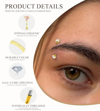 Rook Eyebrow Piercing Jewelry Surgical Stainless Steel Vertical Labret Lip Jewelry Gold Silver 16G Curved Barbell Cartilage Helix Conch Tragus Daith Hoop Earrings for Women - color: Gold Tone