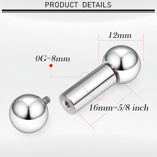 16G-00G Tongue Rings Nipple Piercings Internally Threaded Straight Barbell 316L Surgical Steel Body Piercing Jewelry for Women Men Black silver 12mm 14mm 16mm 19mm Bars Length - color: Silver, size: 0G(8mm)-16mm barbells-12mm Balls