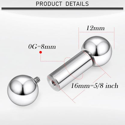 16G-00G Tongue Rings Nipple Piercings Internally Threaded Straight Barbell 316L Surgical Steel Body Piercing Jewelry for Women Men Black silver 12mm 14mm 16mm 19mm Bars Length - color: Silver, size: 0G(8mm)-16mm barbells-12mm Balls