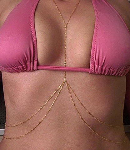 Body Chain Jewelry for Women, Layered Waist Chain for Bikinis | Sexy Body Jewelry, Adjustable Fit, Chest Belly Chain, Gold & Silver Options, Beach Vacation, Festivals Raves & Concerts - style: Chain(Gold)