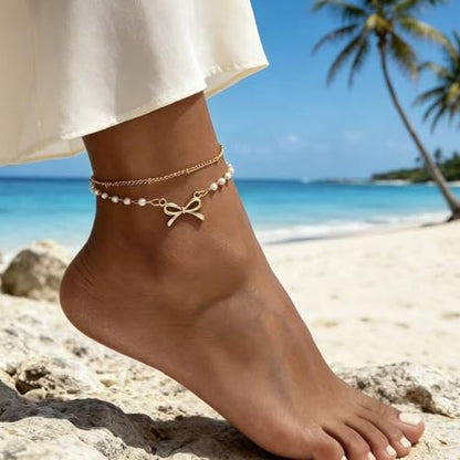 Frodete Bow Anklet for Women Layered Faux Pearl Ankle Bracelet Adjustable Summer Beach Foot Jewelry Gift Accessory