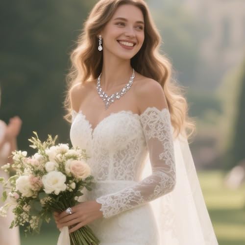 Wedding Bridal Jewelry Set for Women Bride Bridesmaids | Gorgeous Austrian Crystal Teardrop Cluster Statement Necklace Dangle Earrings Link Bracelet Set Prom Jewellery - color: 4Pcs-Clear Rhodium-Tone