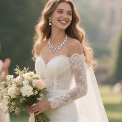 Wedding Bridal Jewelry Set for Women Bride Bridesmaids | Gorgeous Austrian Crystal Teardrop Cluster Statement Necklace Dangle Earrings Link Bracelet Set Prom Jewellery - color: 4Pcs-Clear Rhodium-Tone