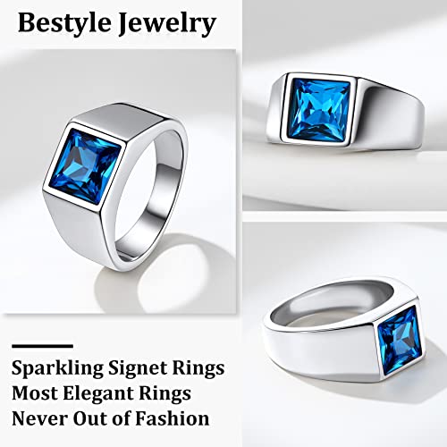 Bestyle Stainless Steel Men Signet Ring-Black/Blue Gemstone Band Ring-Classic Simple Thick Men Ring Size 7-14 - color: 02. 8MM Blue Zircon - Steel