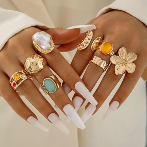 Rrdaily 14K Gold Plated Stackable Knuckle Rings Set for Women Trendy Chunky Simulation Gemstone Signet Rings Dainty Midi Finger Rings Pack Aesthetic Statement Jewelry for Bridesmaid Wedding Gifts - style: 8 Pcs Gold