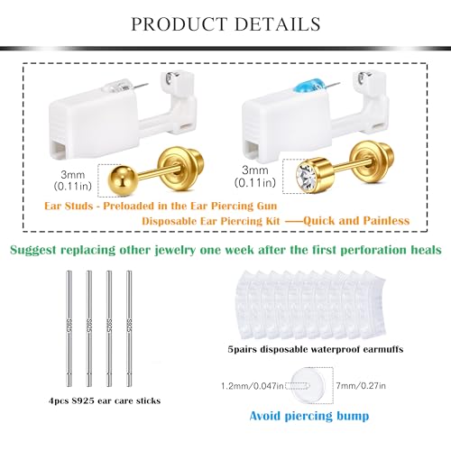 AVYRING 23PCS Ear Piercing Kit，3MM Disposable Ear Piercing Gun Gold Built-in Stainless Steel Small Ball & Zircon Piercing Earrings Studs Surgical Steel, Ear Piercing Gun 20g, 3mm Earring Piercing Kit