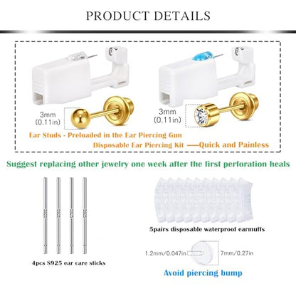 AVYRING 23PCS Ear Piercing Kit，3MM Disposable Ear Piercing Gun Gold Built-in Stainless Steel Small Ball & Zircon Piercing Earrings Studs Surgical Steel, Ear Piercing Gun 20g, 3mm Earring Piercing Kit