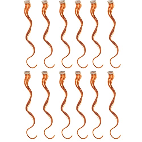 12 Pcs Curly Wavy One Color Party Highlights Clip on in Hair Extensions For Women Colored Hair Streak Synthetic Hairpieces (Ginger Red) - color: Ginger Red