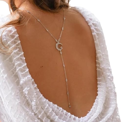 Simple Rhinestone Moon Star Back Chain Body Jewelry for Women Sexy Backless Crystal Necklace Bridal Wedding Backdrop Dress Accessories Jewelry - color: Silver