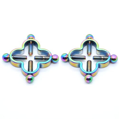 2Pcs Four Leaf Clover Non-Piercing Nipple Rings Stainless Steel Fake Nipple Rings Shield Barbell Ring Nipple Piercing Summer Beach Faux Body Jewelry for Women - color: Colorful