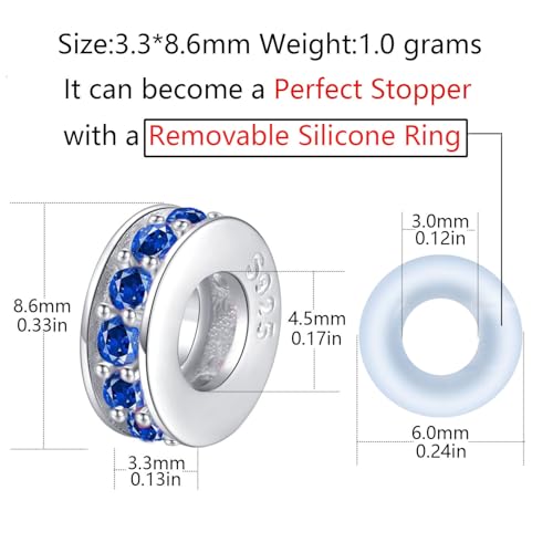 Clip Stopper Charms Sterling Silver Rondelle Spacer Bead Charm Stopper Charm for Pandora Charm Bracelets - color: Blue ( 2 pcs )