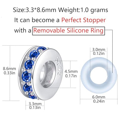 Clip Stopper Charms Sterling Silver Rondelle Spacer Bead Charm Stopper Charm for Pandora Charm Bracelets - color: Blue ( 2 pcs )