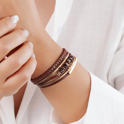 Boho Gemstone Beaded Leather Wrap Bracelets Stackable Chunky Cuff Bracelet Western Jewelry Cowboy Chic Country Concert Outfits for Women - color: Burgundy