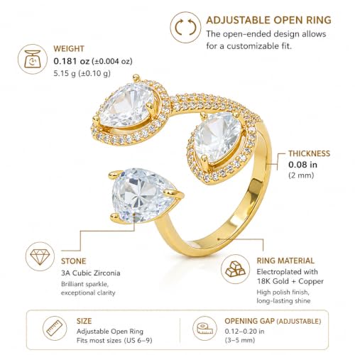 Aura & Irena 18K Gold Plated Pear-Shaped Cocktail Rings for Women, Non-Tarnish Adjustable Statement Ring with 3A Cubic Zirconia, Gift for Family Friend - color: Gold