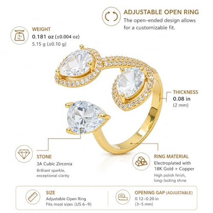 Aura & Irena 18K Gold Plated Pear-Shaped Cocktail Rings for Women, Non-Tarnish Adjustable Statement Ring with 3A Cubic Zirconia, Gift for Family Friend - color: Gold