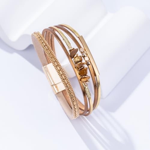 Boho Gemstone Beaded Leather Wrap Bracelets Stackable Chunky Cuff Bracelet Western Jewelry Cowboy Chic Country Concert Outfits for Women - color: Gold