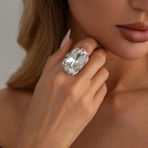 Sparkling Rectangle Chunky Rhinestone Ring for Women Adjustable Thick Big Cocktail Statement Rings Geometric Crystal Band Ring Wedding Birthday Wedding Prom Party Christmas Jewelry Accessary