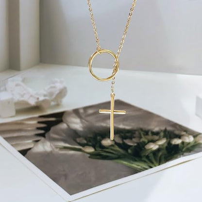 HERIER Lariat Gold Necklace for Women, Dainty Long Necklace 14k Gold Plated/Silver Y-Shaped Layered Beaded Chain Drop Necklaces for Women Trendy Simple Gold Jewelry for Women Gifts - color: Y Cross Necklace-Gold