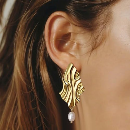 Large Geometric Drop Dangle Earrings for Women Pearl Teardrop Disc Rectangle Oval Fishtail Shell Shaped Textured Dangle Studs Earrings for Women - color: Gold-Pearl