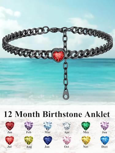 ChainsHouse Cuban Chain Anklets for Women with Heart Birthstone Jan - Dec | Stainless Steel Black Link Chain Ankle Bracelet with Birthstone, Beach Women Anklet 22cm-27cm Adjustable, with Gift Box - color: 07. Jul.-Ruby-Black