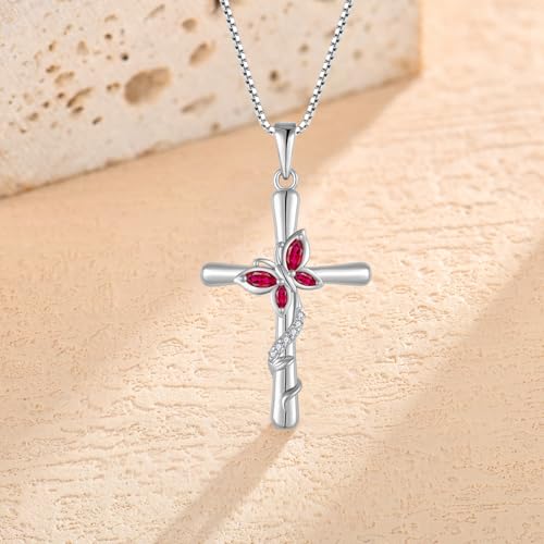 Cross Necklace for Women 925 Sterling Silver Butterfly Necklace Birthstone Pendant Created Gemstone Jewelry Gifts for Women - color: 07 July - Ruby