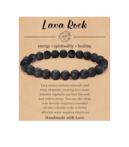 BOMAIL Natural Stone Beaded Bracelet for Women Men | 8mm Round Beads,Healing Crystal,Semi-Precious Gemstone,Yoga,Stretch,Bracelets Jewelry Gift - color: Lava Rock