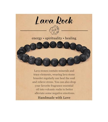 BOMAIL Natural Stone Beaded Bracelet for Women Men | 8mm Round Beads,Healing Crystal,Semi-Precious Gemstone,Yoga,Stretch,Bracelets Jewelry Gift - color: Lava Rock