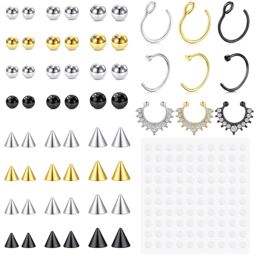 Fake Eyebrow Ring Fake Lip Labret Studs Replacement Balls Spike with 100pcs Sticker Non-Piercing Body Jewelry Fake Skin Piercing - color: A3 -Silver + Gold + Black
