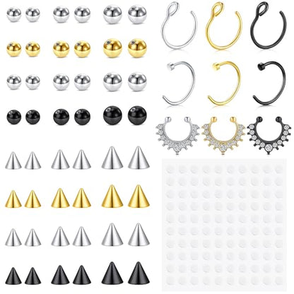 Fake Eyebrow Ring Fake Lip Labret Studs Replacement Balls Spike with 100pcs Sticker Non-Piercing Body Jewelry Fake Skin Piercing - color: A3 -Silver + Gold + Black