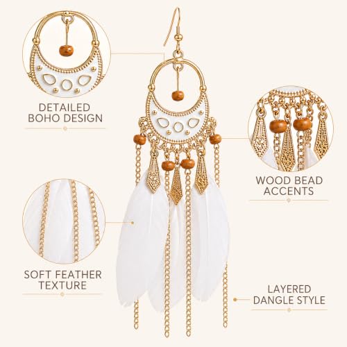 Boho White Feather Earrings for Women, Long Chain Chandelier Dangle Jewelry | Boho White Feather Earrings for Women, Long Chain Chandelier Dangle Statement Earrings for Beach Vacation, Festival and Party