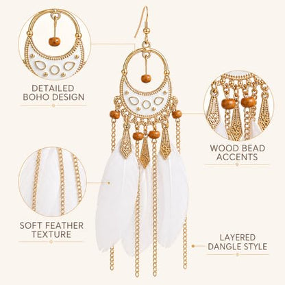 Boho White Feather Earrings for Women, Long Chain Chandelier Dangle Jewelry | Boho White Feather Earrings for Women, Long Chain Chandelier Dangle Statement Earrings for Beach Vacation, Festival and Party