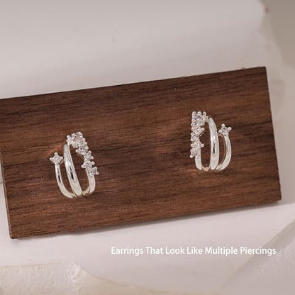 Gold Earrings for Women, Dainty Triple Huggie Earrings 14K Gold Plated Small Hoop Earrings for Women Trendy Cute Hypoallergenic Stud Earrings Unique Double Hoops Waterproof Womens Jewelry Gifts - color: silver plated-E
