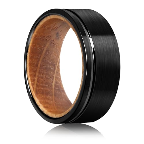 Tungsten Rings for Men Womens 8mm Black Silver Fashion Promise Wedding Band Carbide Inner Hole Inlaid Whiskey Barrel Wood Chamfer Frosted Matte Finish Edge Comfort Fit size 7-12 - color: black groove barrel wood