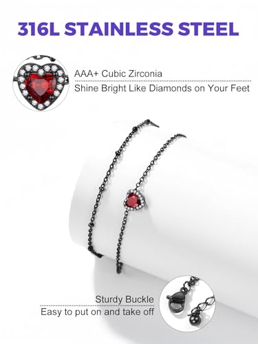 Richsteel Double Layer Heart/Butterfly Birthstone Anklet for Women | Non Tarnish Waterproof, Silver/Gold/Black Stainless Steel 8.5-10.5 Inch Adjustable Chain Anklets Summer Beach Foot Jewelry - color: Black Heart-01 Jan.(Garnet)